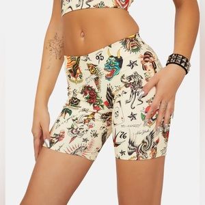 Ed Hardy Flashboard Biker Shorts Skull Tiger Sexy Pinup Metallic Goth L